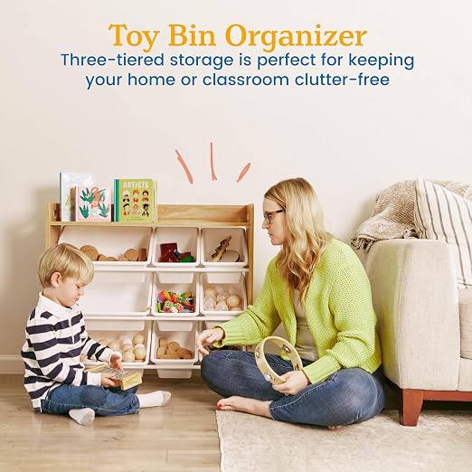 ECR4Kids 3-Tier Organizer with Shelf and 9 Bins, Toy Storage, Dark Natural/White | Durable plastic bins, MDF panels, steel frame, GREENGUARD Gold Certified, 36 lb capacity, anti-tip kit, playroom/classroom - Image 4