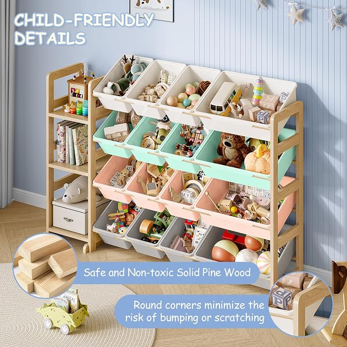 EXPERLAM Toy Storage Organizer, Toy Storage Shelf with 3 Shelves and 16 Storage Bins (12 Small + 4 Large), 3-in-1 Kids Bookshelf for Kids Rooms, Playroom, Nursery, Multi - Image 6