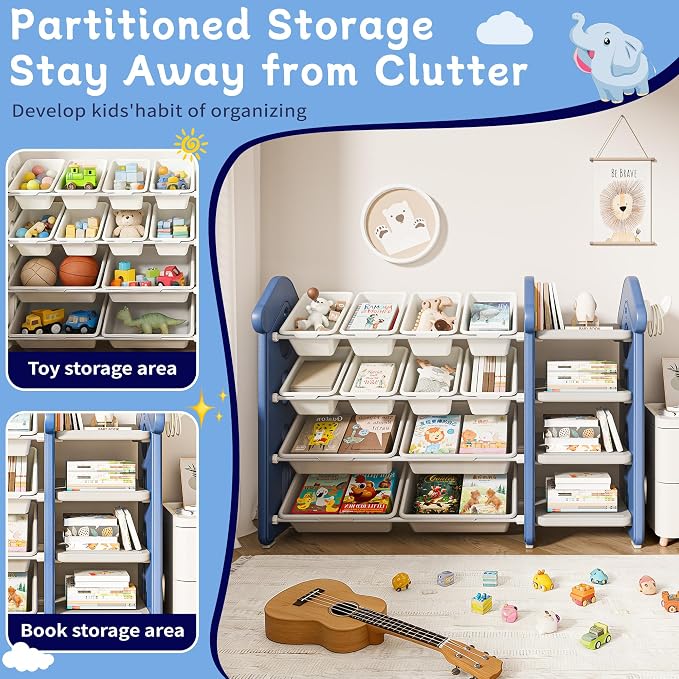 Pipleo Kids Toy Storage Organizer with 12 Removable Bins, Toy Organizers and Storage with 4-Tier Bookshelf for Kids Toy Storage Organizer (Blue) - Image 4