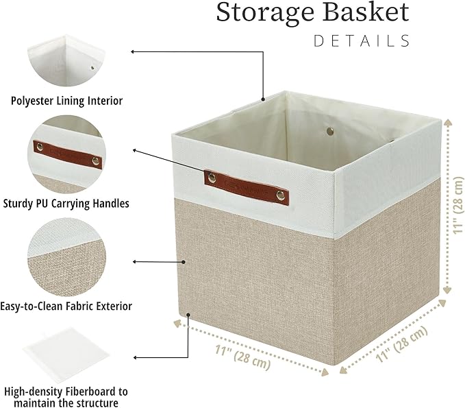 DECOMOMO Fabric Cube Storage Bins, Storage Baskets for Shelves 4 Pack | 11 inch Cube Storage Organizer for Kallax and Cubbies (Beige & White) - Image 7