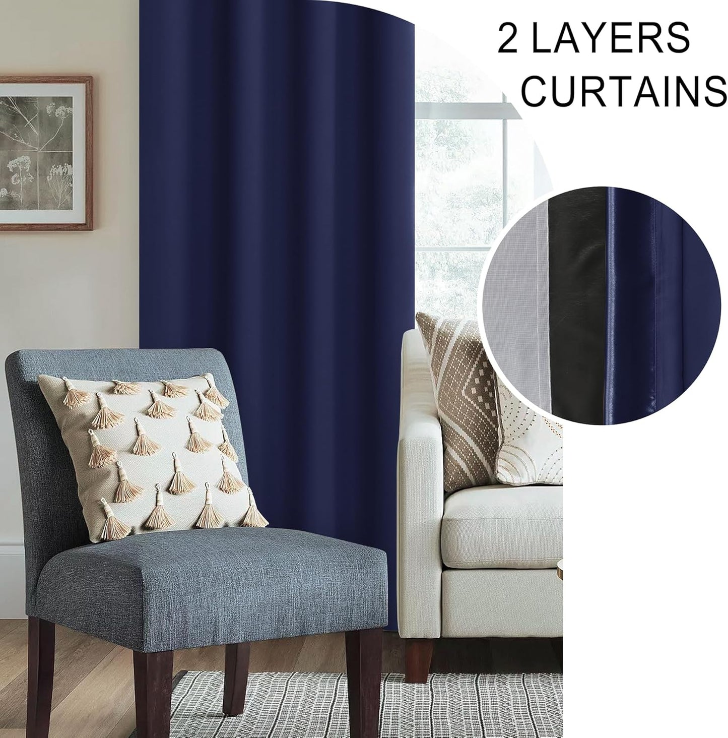 XWZO 100% Blackout Curtains 54 Inches Long with Tiebacks- Heat and Full Light Blocking, Thermal Insulated Rod Pocket Window Panels for Bedroom/Nursery, Navy Blue, W42 x L54, Set of 2 Draperies