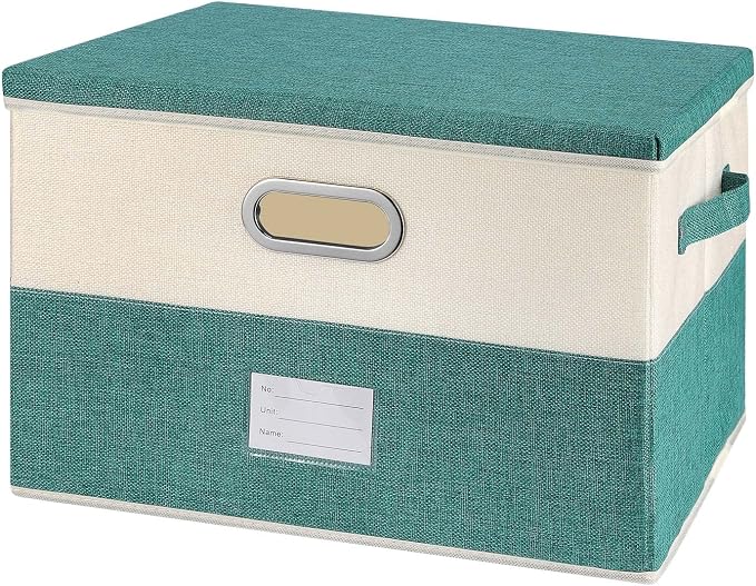 Large Linen Fabric Foldable Storage Bins with Removable Lid and Handles, Washable Storage Box Organizer Containers Baskets Cube with Cover for Bedroom,Closet,Office (Turquoise&Cream, Large) by Unknown