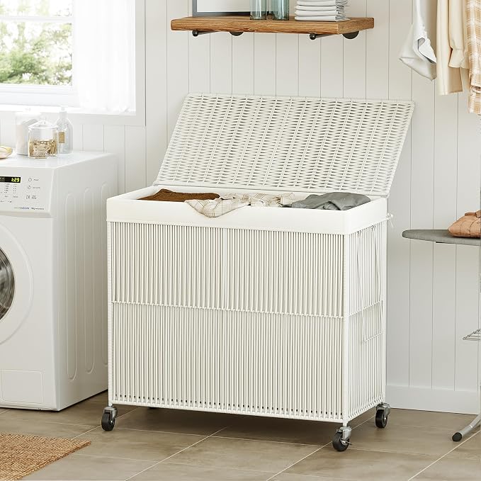 WOWLIVE Laundry Basket 3 Section, Handwoven Laundry Hamper with Wheels | Rolling Clothes Hamper with Lid and Divided Removable Bag, 160L Large Laundry Sorter, Laundry Room Organization, Creamy White - Image 2