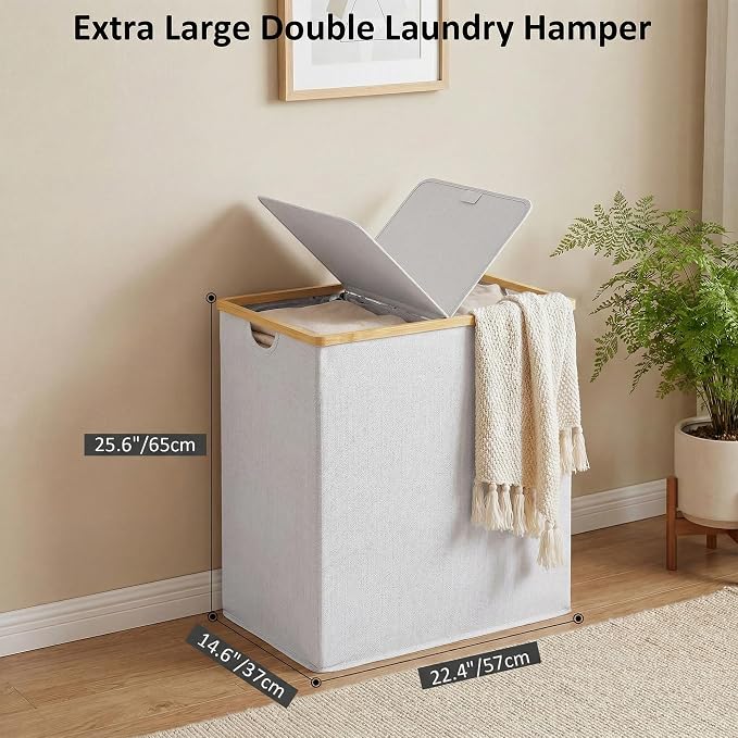 efluky Laundry Hamper with Lid, Double Laundry Basket with 2 Removable Bags, 2 Section Laundry Bin with Bamboo Handles for Bathroom, Bedroom & Laundry Room, 140L (36.9 Gallon) Light Grey - Image 5