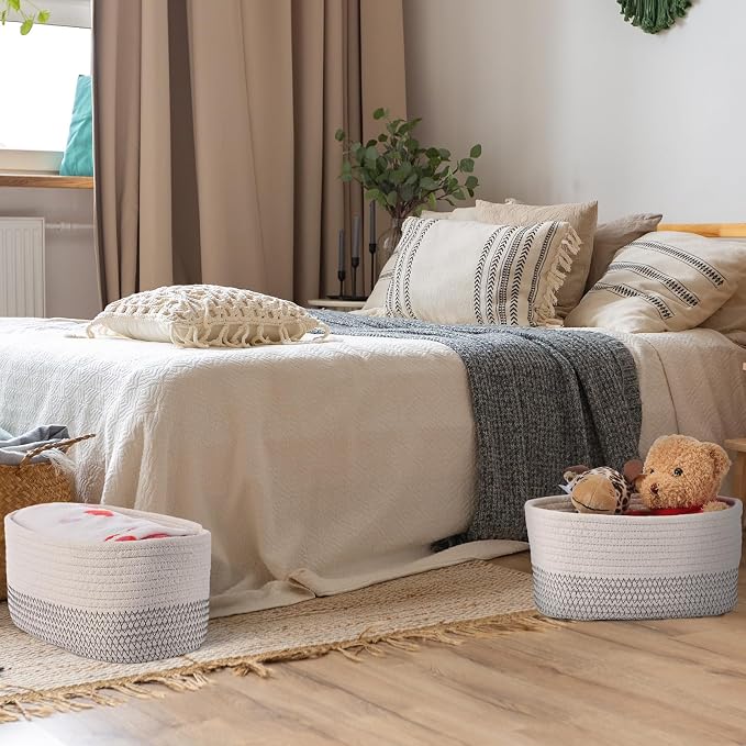 Sawysine 6 Pcs Storage Baskets Bulk for Organizing Cotton Rope Woven Basket with Handles for Gift Cloth Shelves Blanket Toys Living Room(White Grey) - Image 5