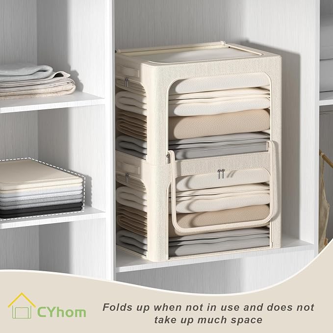 CYhom 3 Openings Clothes Storage Bins Box - 3Pack Stackable Foldable Storage Bin - Metal Frame Storage Box Clothing Storage Organizer with Clear Window, Carry Handles (Beige, 100L-23.6x16.5x15.7in) - Image 4