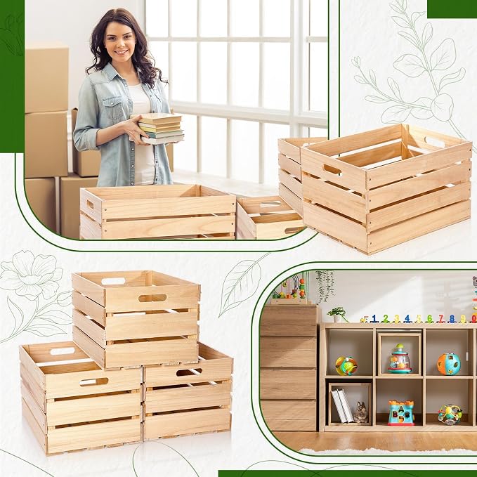 Weysat 3 Pack Large Wood Crates Box for Storage Unassembled 20 x 14 x 11'' Wooden Milk Crates with Handles Decorative Nesting Box for Display Unfinished Rustic Decor DIY Office Home Retail Art Craft - Image 3