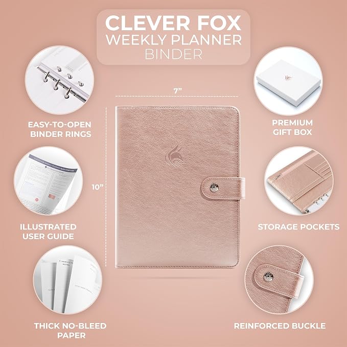 Clever Fox Weekly Planner Binder, Undated Daily A5 Eco Leather Rose Gold | 7 x 10 in with A5 pages, mini 3 ring portfolio organizer, work time manager, day runner, agenda book with monthly calendars - Image 2