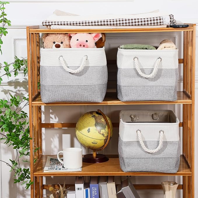 meekoo 8 Pack Collapsible Storage Bins Fabric Storage Bins Polyester Fabric Baskets with Handles Linen Closet Organizer for Shelf Home Closet Towels Toys(15 x 11 x 9.5 in,Mixed Gray) - Image 3