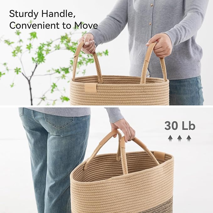 Nunsino 95L Striped Laundry Hamper with Leather Handles,Large Foldable Laundry Basket for Clothes,Cotton Rope Storage Bin for Blankets,Woven Clothes Basket for Bedroom,Dark Brown Stripes - Image 5