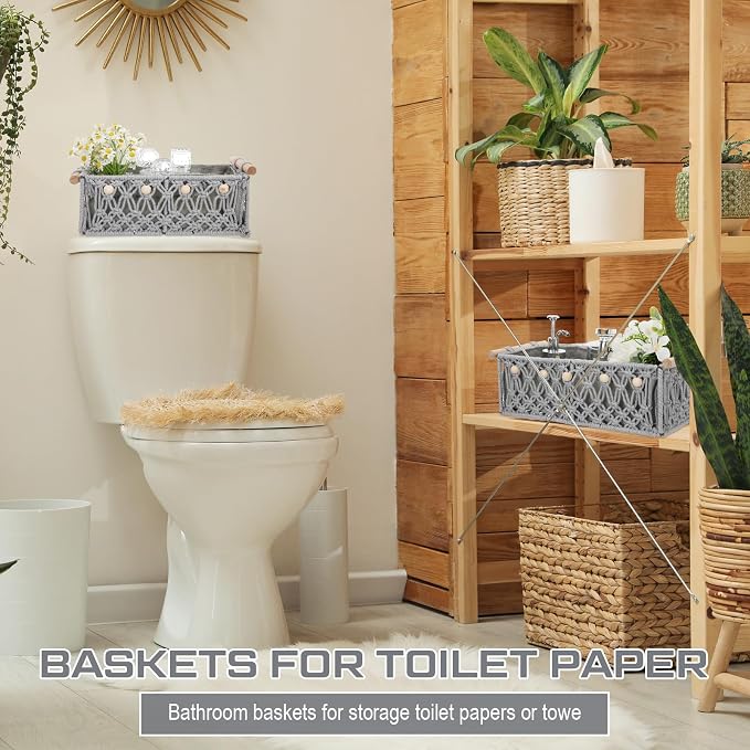 Vesici 4 Pcs Grey Macrame Storage Basket for Shelves 13 in 11 in Boho Storage Basket Hand Woven Boxes with Wood Handles Beads Decorative Countertop Toilet Tank Cabinet Organizer for Home Room Decor - Image 6