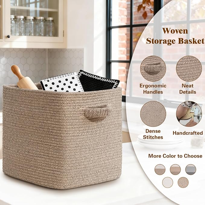 15×13 Inch Storage Cubes, 3 Pack Cube Storage Bins for Organizing, Cotton Rope Woven Baskets for Shelves, Bathroom, Kids Room, Closets, Baby Nursery - Image 3