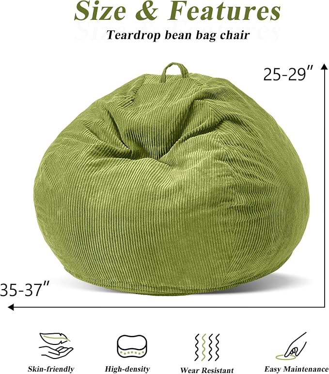 3FT Bean Bag Chair for Adults,3' Big Teardrop Beanbag with Filler | Beanbag Chair with Memory Foam Filled,Bean Bags with Handy Handle&Machine Washable Cover for Living Room,Bedroom-Green - Image 2