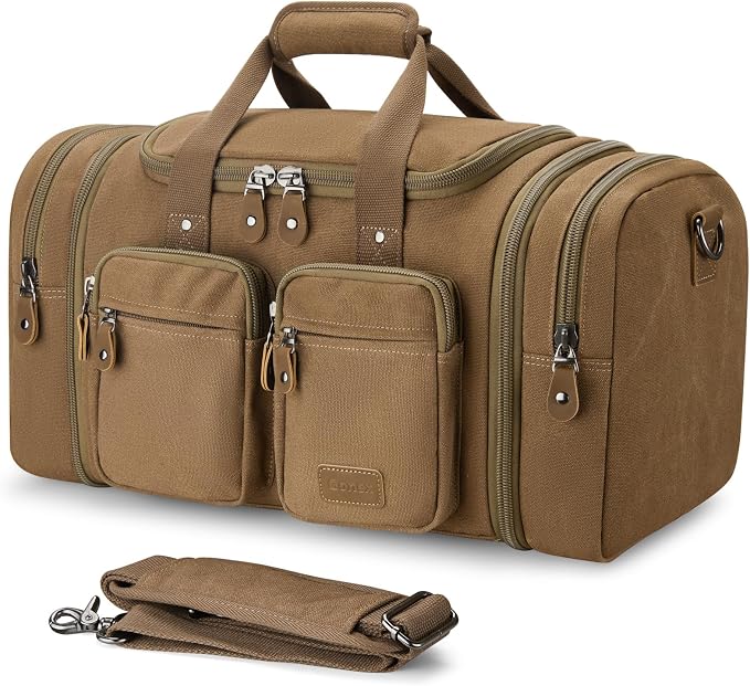 Gonex Duffle Bag for Travel, Expandable 50L Overnight Weekender Gym Bag | Water-Resistant Canvas, Wet-Dry Pocket, Luggage Sleeve, Carry-On Size, Detachable Strap, Coffee by Gonex