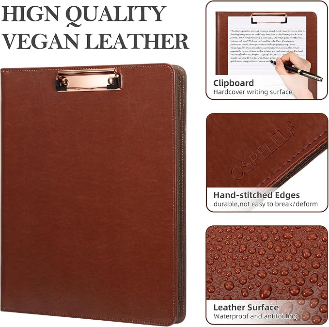 Ospelelf 3 Ring Binder Portfolio Folder with Zipper- Leather Padfolio with Clipboard Storage- Calculator, 12.1” Tablet Sleeve, 5 Dividers with Pocket, Refillable Notepad, Card Slot (Red Brown) - Image 5