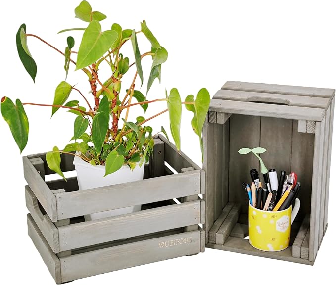Gray Wooden Crates, Set of 4 Rustic Storage Boxes for Home Organization, Tool Box, Wine Carrier, and Camping Supplies, 12.2 Inches. - Image 4