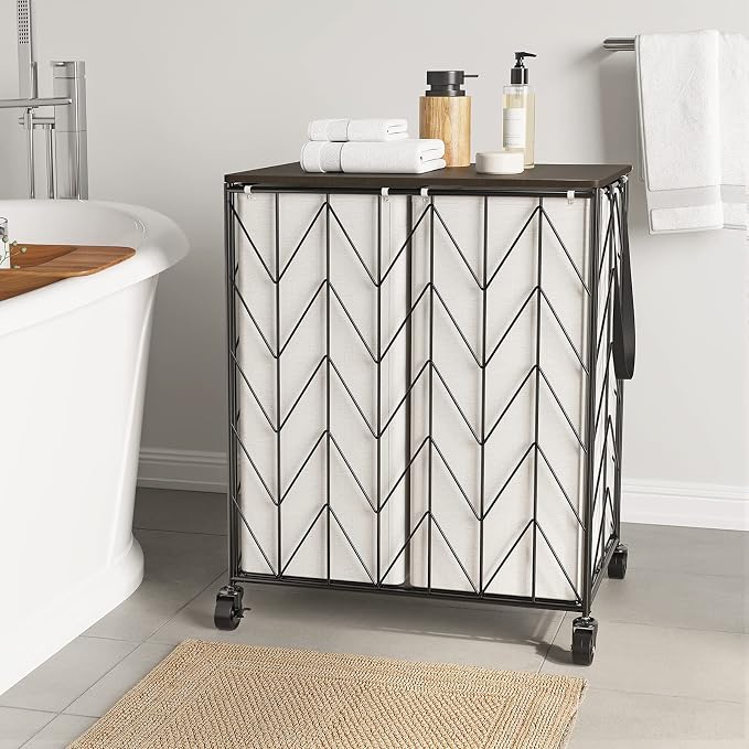 WOWLIVE Double Laundry Hamper with Lid, Rolling Laundry Basket with Wheels | Heavy Duty Wire Clothes Hamper with Divided Removable Bags, Large Iron-Made Laundry Sorter Laundry Room Organization, Beige - Image 2