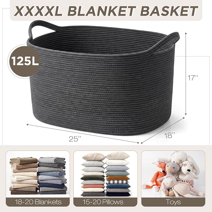 XXXXL 125L Extra Large Woven Blanket Basket, 25" x 18" x 17" Jumbo Cotton Rope Storage Basket with Handles Toy Storage Bins for Laundry Hamper Nursery Organizer Living Room Home(Dark Gray) - Image 2