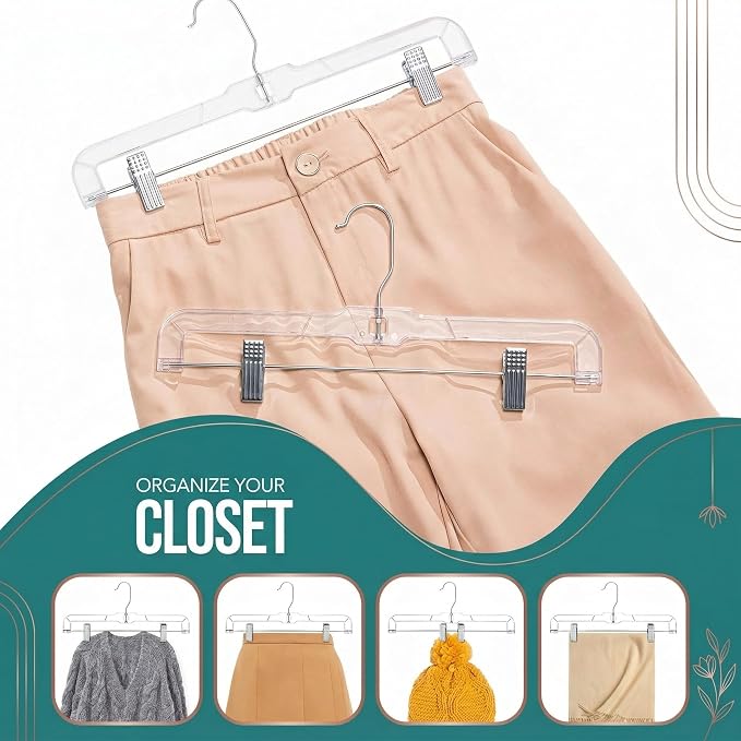 HOUSE DAY 120 Pack Clear Pants Hangers with Clips, Plastic Skirt Hangers for Women, 14 Inch Clip Hanger for Pants, Skirts, Jeans, Shorts, Legging, with 360-degree Swivel Hook, 2 Adjustable Clips - Image 7