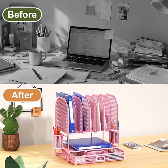 FANXIYQ Metal Desk Organizer with Sliding Drawer, 7-Section File Organizer for Desk, Desktop File Folder & Paper Organizer with 2 Hanging Pen Holders, Office Supplies Organizer, Pink - Image 3