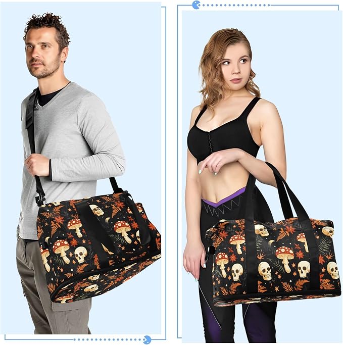 Travel Duffel Tote Bag Mushrooms Skull Sports Duffel Bag with Wet Pocket Weekender Overnight Bag for Women Men Gym Bag, Carry On Bag Hospital Bag for Labor and Delivery - Image 4
