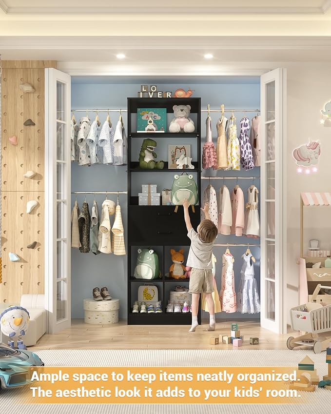 Besiost Small Closet System, 3.2-6.8FT Small Closet Organizer with 5 Hanging Rods, Can Fit 37.5 to 81.9 inch Walk-in Closet System, Built-in, Black, Enclosed Storage Volume 2.32 ft³ - Image 6