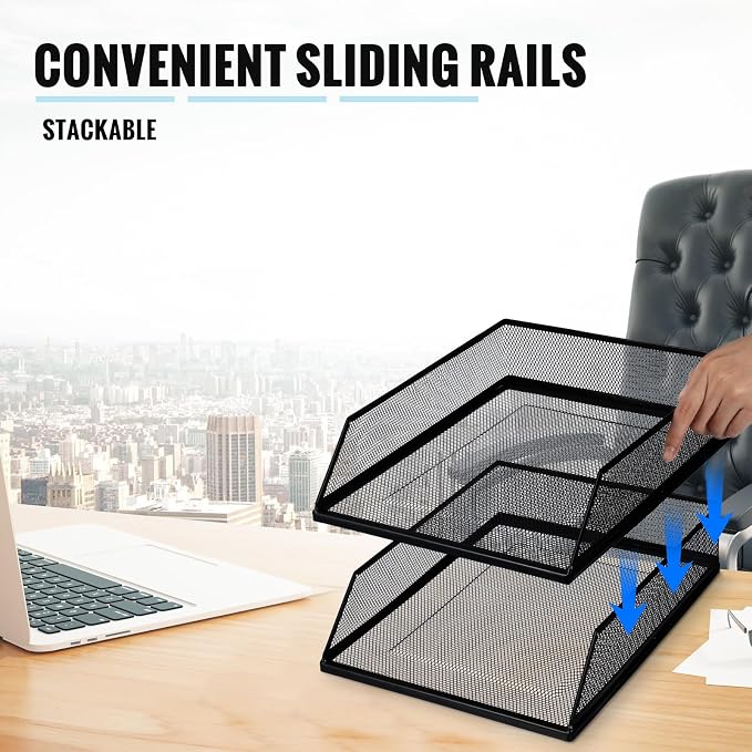 Hicarer 2 Pcs Black Metal Letter Tray Stackable Desk Tray Single Wire Mesh Organizer Front Load File Paper Holder for Desktop Office Home School Classroom (12.8 x 9.84 Inch) - Image 5