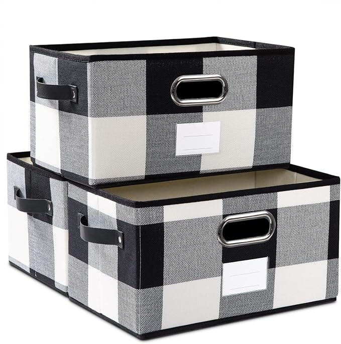 Fodable Storage Bins for Closet [3-pack] Decorative Fabric Storage Baskets Cubes with Leather/Metal Handles for Shelves Bedroom Living Room Black and White Grid (11.5x8.5x6.7 Inch) by Prandom
