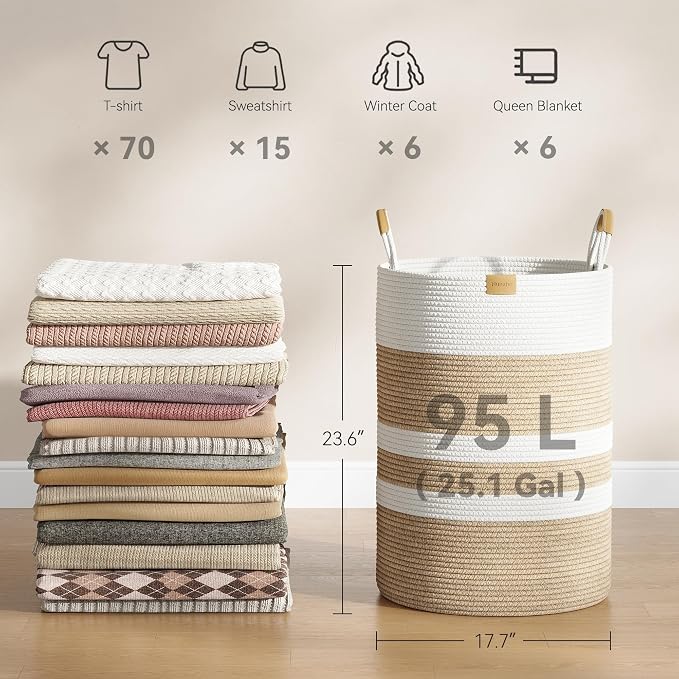 Nunsino 95L Striped Laundry Hamper with Leather Handles,Large Foldable Laundry Basket for Clothes,Cotton Rope Storage Bin for Blankets,Woven Clothes Basket for Bedroom,Beige Stripes - Image 4