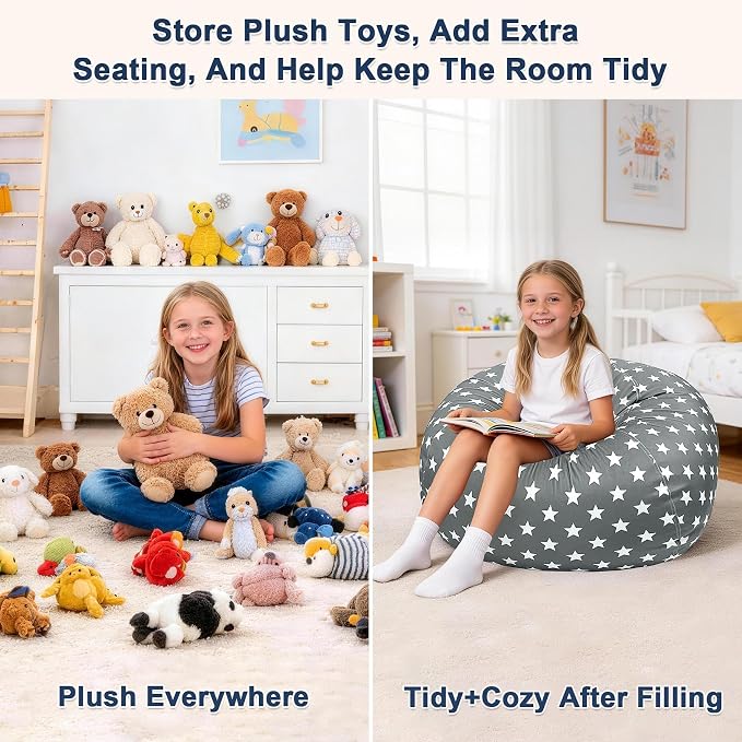 Lukeight Stuffed Animal Storage Bean Bag Chair Cover for Kids, Velvet Plush Toy Organizer Seat, Cover Only, No Filling Included, Long YKK Zipper, Side Pocket, X-Large 30"D x 18"H - Image 3