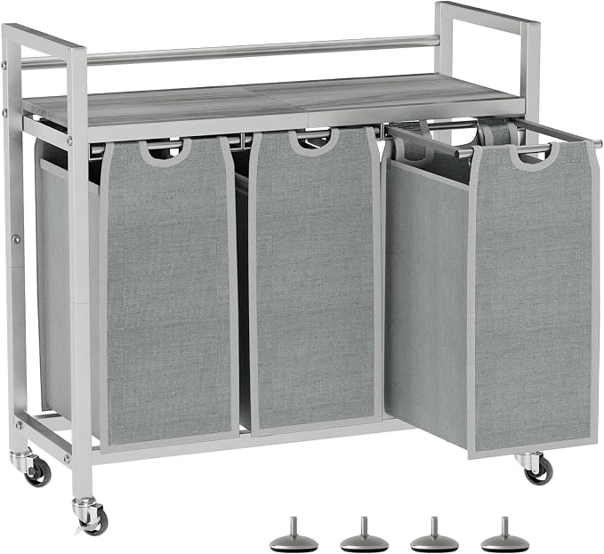 SwaaVee Laundry Sorter, Laundry Hamper 3 Section, 3×11.4Gal, Metal Frame Rolling Laundry Basket with Wooden Top Shelf, Pull out and Removable Laundry Bags, 3 Bags-Gray by SwaaVeeYourBestOrganizingHelper