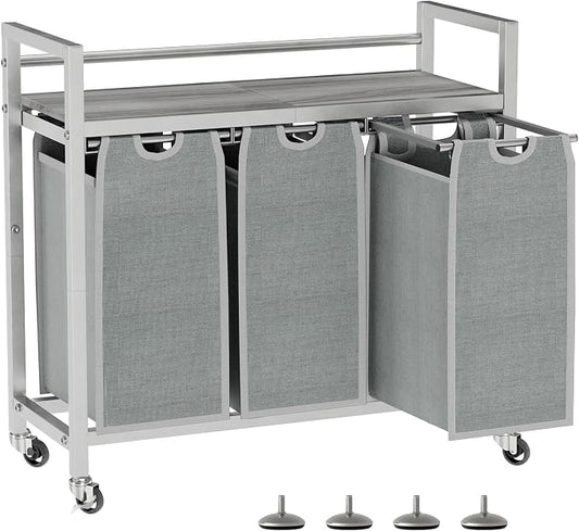 SwaaVee Laundry Sorter, Laundry Hamper 3 Section, 3×11.4Gal, Metal Frame Rolling Laundry Basket with Wooden Top Shelf, Pull out and Removable Laundry Bags, 3 Bags-Gray by SwaaVeeYourBestOrganizingHelper
