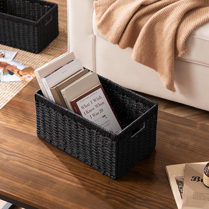 UBBCARE 4 Pack Wicker Basket, 13.4L×8.3H×7.1W inch Woven Paper Rope Storage Baskets for Shelves, Foldable Rectangular Storage Baskets with Handle, Storage Basket for Organizing, Black - Image 5