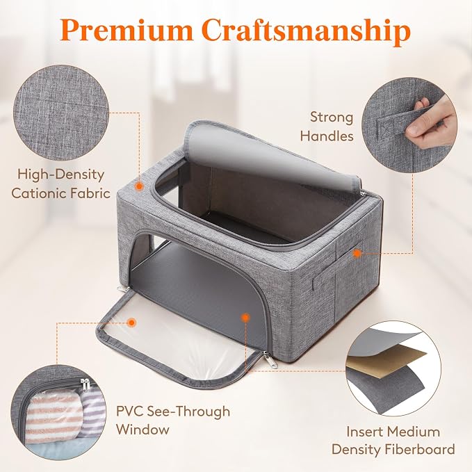Lifewit Clothes Storage Bins with Metal Frame, Stackable Storage Box, Foldable Clothing Storage Bins with Lids, 25L Storage Bags Fabric Box Organizer with Clear Window＆ Zippers＆ Sturdy Handles 4 Pack - Image 3