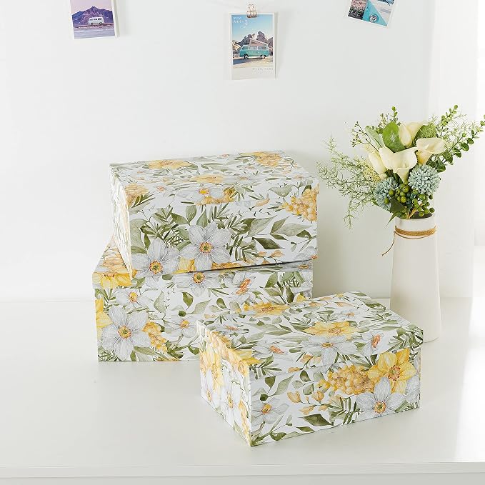 Soul & Lane - Garden Glory Decorative Storage Boxes with Lids, Set of 3 | Stackable Cardboard Photo Storage Containers for Keepsakes and Gifts, Yellow Flower Boho Print Boxes, Home Decor Set - Image 4
