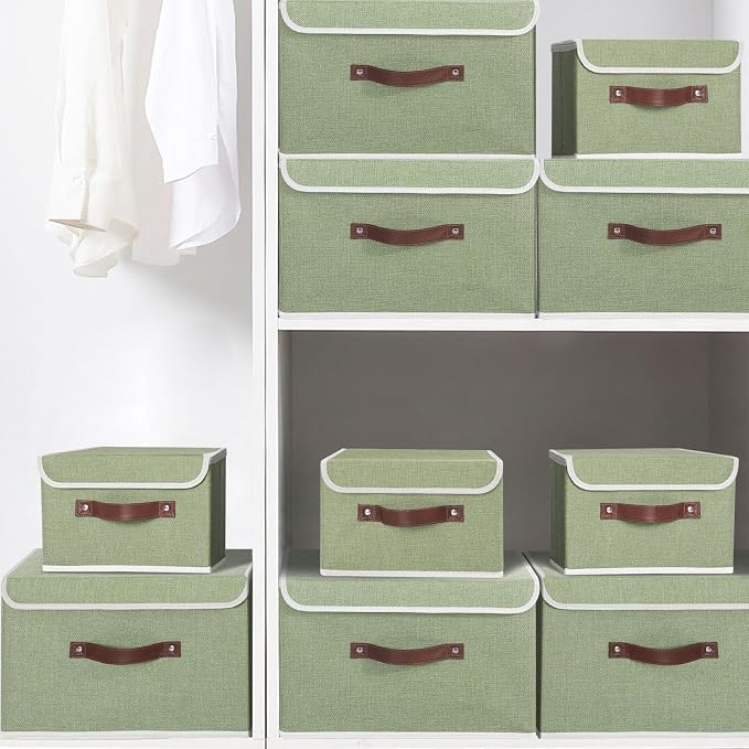 ANMINY Fabric Storage Box Bins with Lids, Green, 13"x9"x7.9" | Keepsake Memory Storage, Cotton Linen, PP Board Reinforced, Washable, PU Handles, Foldable & Stackable, Decorative, Medium - Image 8