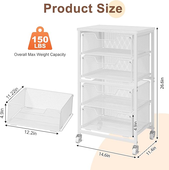 4-Drawer Rolling Storage Cart, Utility Cart with Drawers, White Metal Craft Cart Organizer with Wheels & Wooden Top, Art Supply Storage Organizer for Classroom, Office, Kitchen,Patent Pending - Image 3