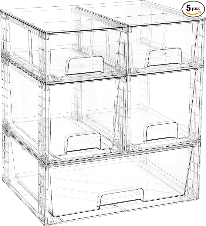 Vtopmart Clear Stackable Storage Drawers, 5 Pack Multi-Size Organizer Set | Wide, Medium and Small Pull-Out PET Drawers with Stackable Design for Cabinets, Closets, Pantry and Bathroom Organization by Vtopmart