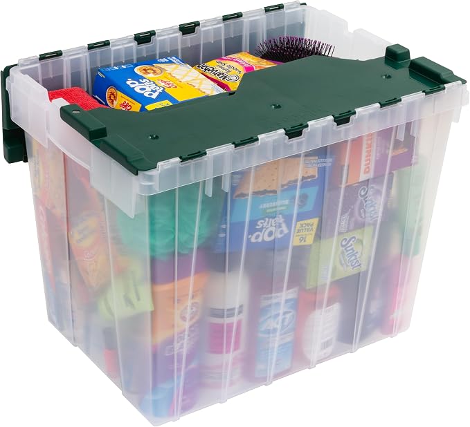 Akro-Mils KeepBox 18 Gallon Storage Container, Nesting and Stackable Plastic Storage Box with Lid Attached, Clear Tote for Garages, Closets, and Moving, 21" x 15" x 17", Clear/Green - Image 7