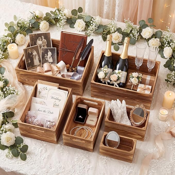AceOrbit Set of 6 Rustic Wood Crates, Nesting Storage Boxes,Light Brown | Distressed Wooden Containers with Cutout Handles, Vintage Farmhouse Wedding Party Decor, Decorative Baskets for Supplies - Image 3