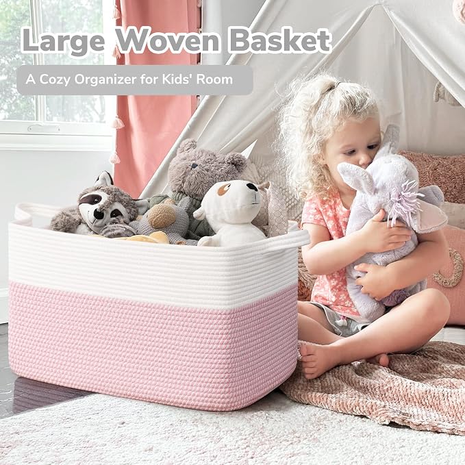 Goodpick Large Woven Rope Blanket Basket, Rectangle, White & Pink | 21.6'' x 14.9'' x 11.8'' Storage Basket for Baby Toys & Kids Essentials, Nursery & Bedroom Organization, Reinforced Handles - Image 2