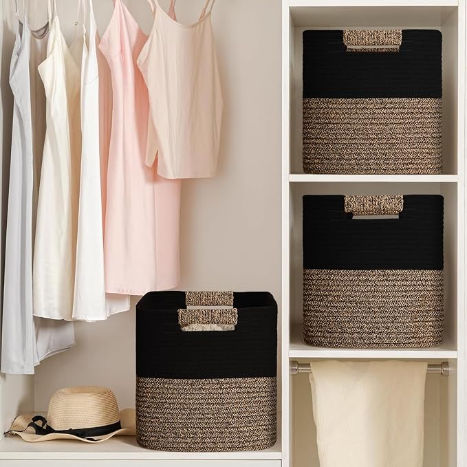 12 Inch Storage Cubes, 3 Pack Cube Storage Bins for Organizing, Cotton Rope Woven Baskets for Shelves, Bathroom, Kids Room, Closets, Baby Nursery - Image 7