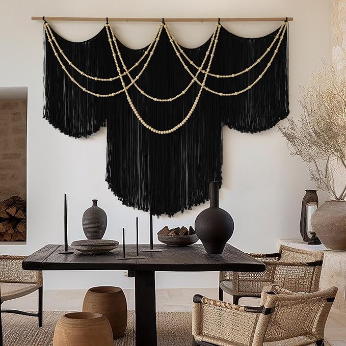 Macrame Wall Hanging Black Yarn Tapestry Boho Fiber Art Decor 57"W*43"L | Black Wall Hanging, Woven Fiber Art, Handmade Cotton Decor, Modern Boho Style, Statement Wall Accent, Handmade Craft - Image 2
