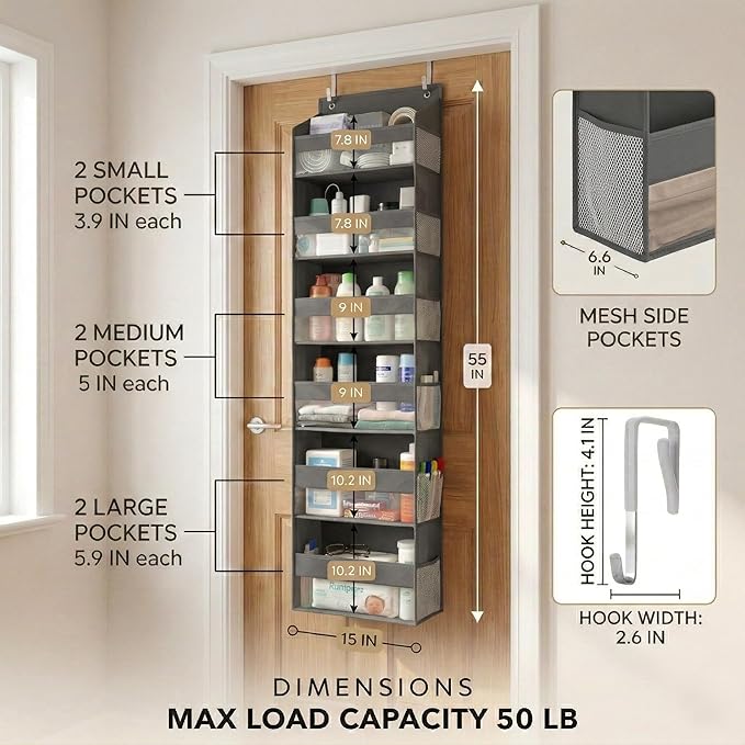 Over the Door Organizer, 6-Tier, 100D Fabric, Dark Gray 2pc | Over the door shoe organizer, 50 lbs capacity, 12 side mesh pockets, 100D extra thick fabric, Closet & entryway storage - Image 2