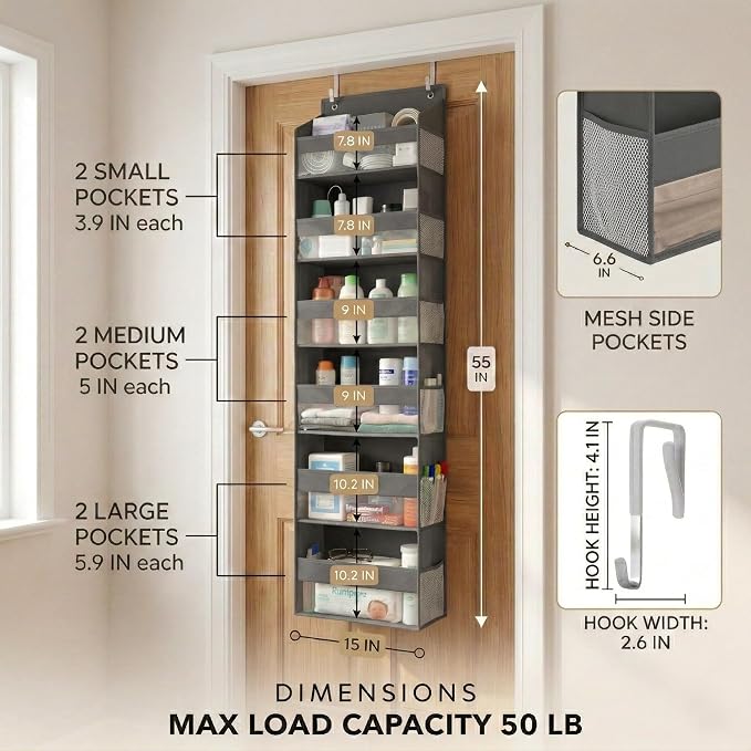 Over the Door Organizer, 6-Tier, 100D Fabric, Dark Gray 1pc | Over the door shoe organizer, 50 lbs capacity, 12 side mesh pockets, 100D extra thick fabric, Closet & entryway storage - Image 2