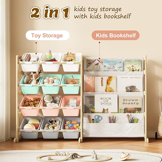 EXPERLAM Toy Storage Organizer with Bookshelf - 12 Storage Bins 4-Tier Multipurpose Shelf to Organize Toys and Books for Kids Room, Playroom, Nursery Room, Multi-Color - Image 4