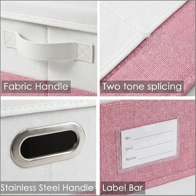 Storage Bins with Lids [3-Pack] Linen Fabric Foldable Storage Boxes Organizer Containers Baskets Cube with Cover for Bedroom Closet Office White&Pink (23.4X15.9X11.4) - Image 7