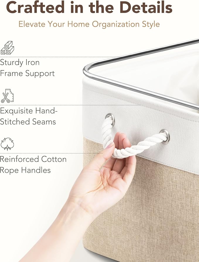 13x15x13 Inch Large Storage Bins with Cotton Rope Handles 6-Pack | Foldable, Top support of metal frame, Bottom with Cardboard Support, Fabric Cube Storage Bins for Closet, White Khaki - Image 5