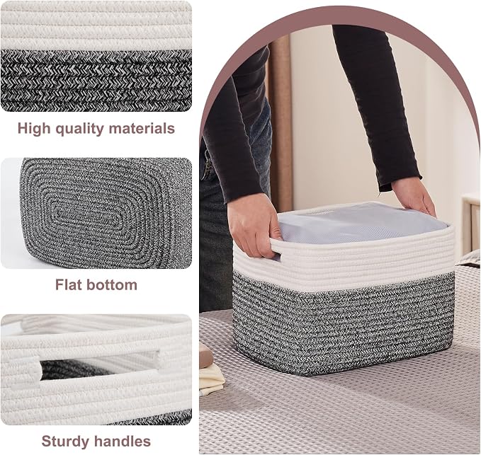 OIAHOMY 4 Pack Storage Basket, 13"x9"x7.8" Cotton Rope Baskets for Shelves, Closet Organizer for Bedroom & Living Room, Soft Decorative Bins for Organizing Towels, Books & Toys, Black & White - Image 3