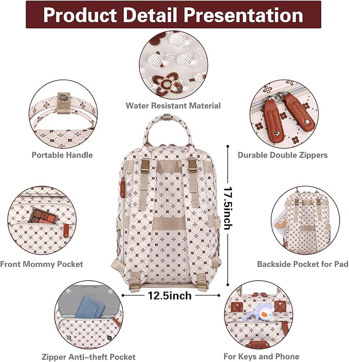 Legestori Baby Diaper Bag Backpack, Baby Bag for Girls Large Capacity with Stylish Flora, Travel Back Pack Multifunction Waterproof, Newborn Baby Registry Shower Gifts, Pink05 - Image 4
